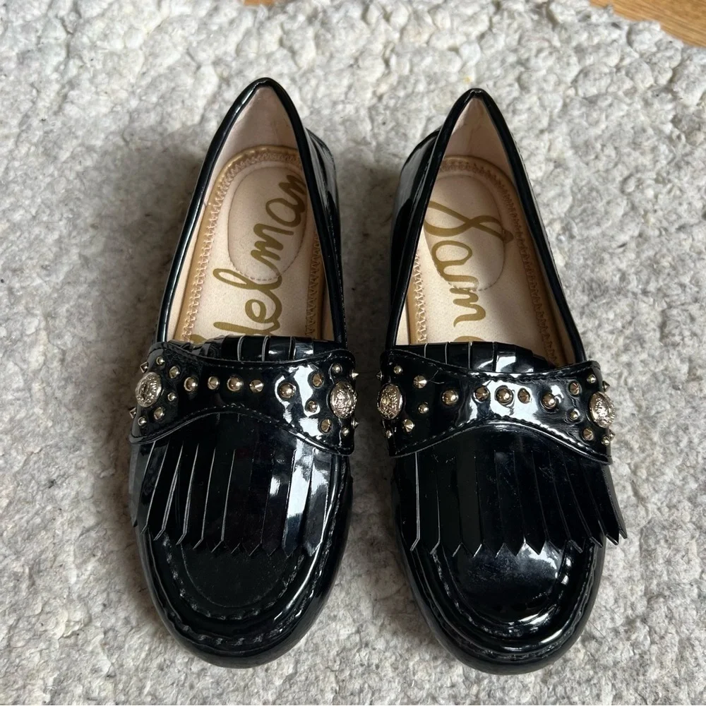 Sam Edelman Black Gold Faux Patent Leather Fringe Bedazzled Dressy Loafers Sz 13